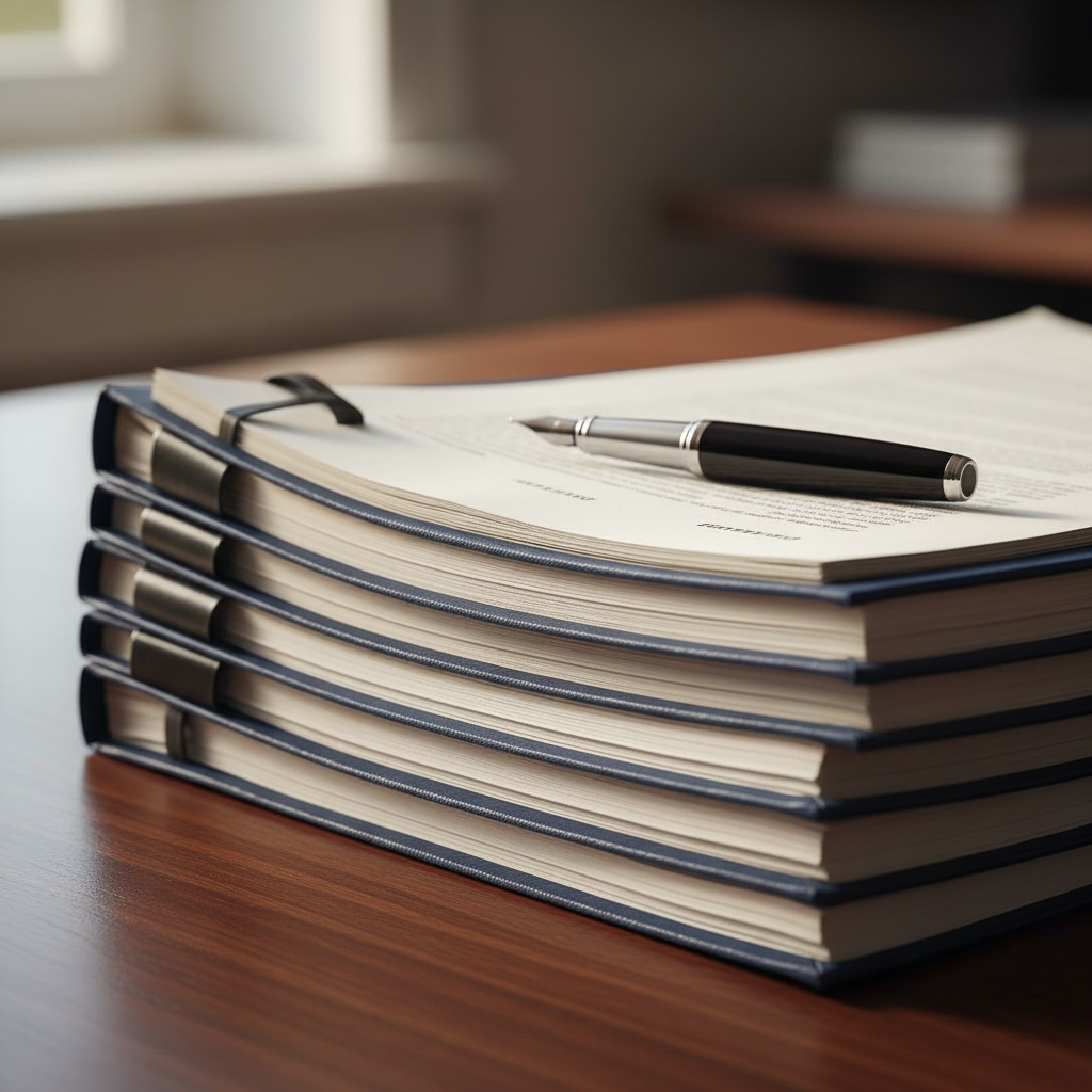 Bound legal constitution documents with a pen