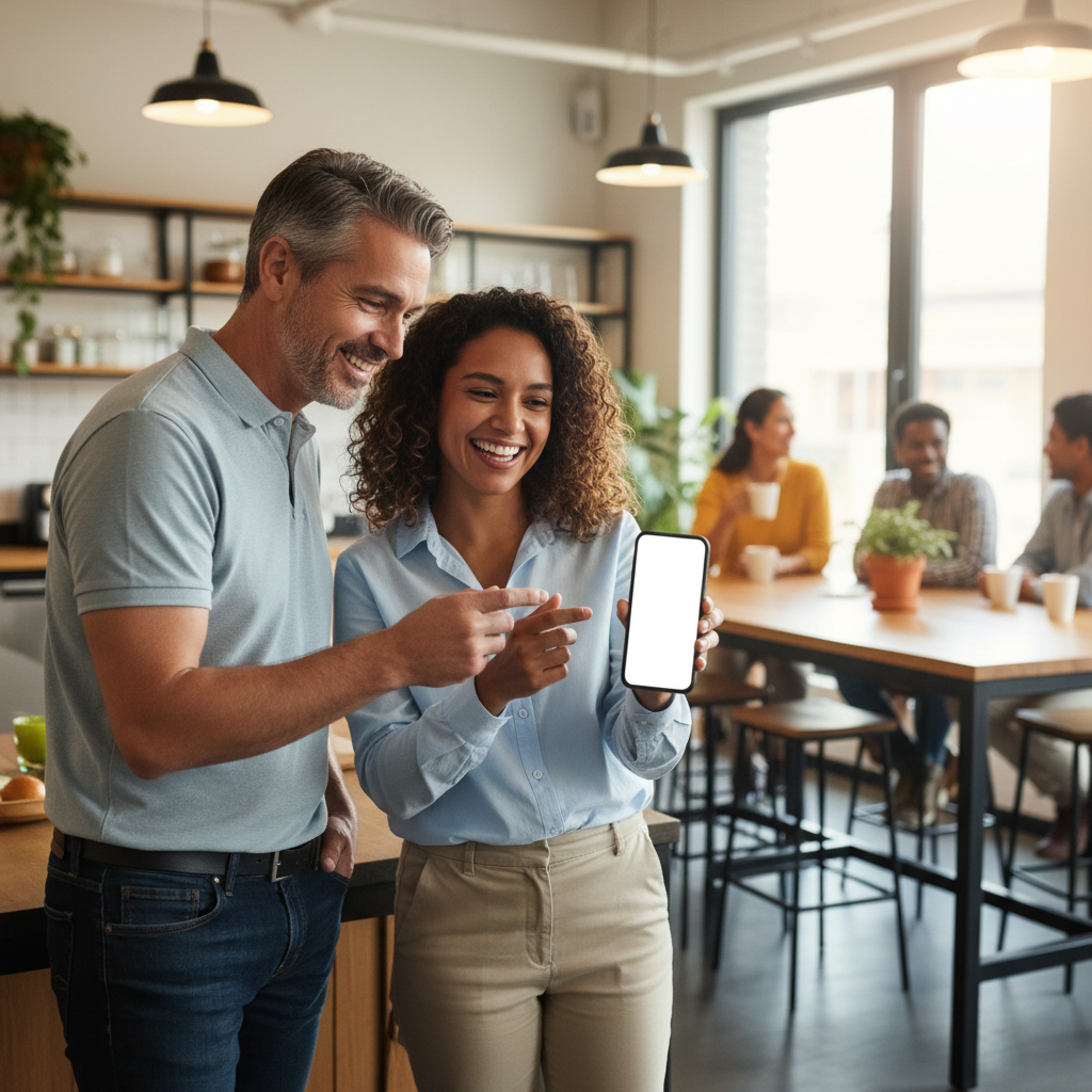 Two colleagues smiling while sharing a referral code on a phone