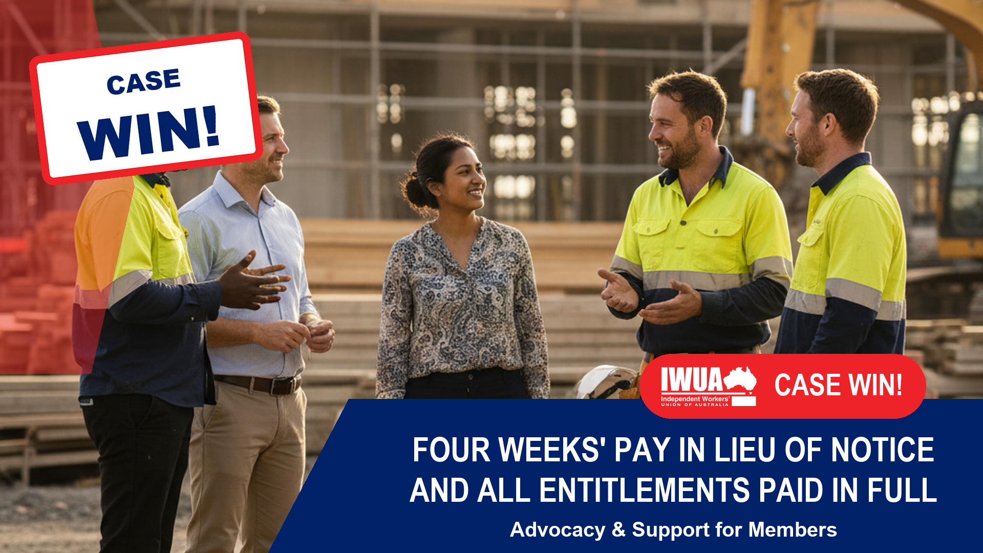 IWUA case win banner: a group of workers talking on site, with the headline four weeks pay in lieu of notice and all entitlements paid in full